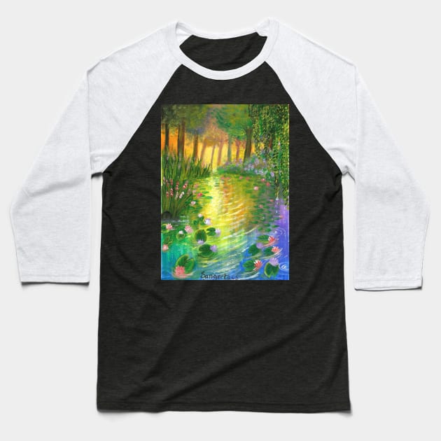 sunset on the pond of lotus and lily relaxing scenery acrylic painting Baseball T-Shirt by Sangeetacs